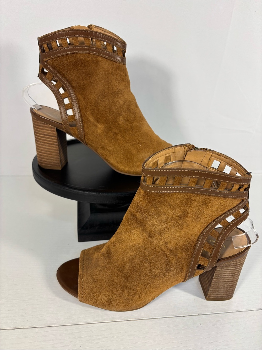 Franco Sarto Greenwich Cognac Suede Peep Toe Slingback Booties Heels Sz 9